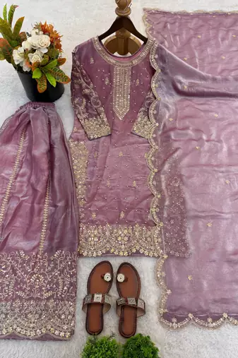 lavender color embroidery coding and sequence work   silk blend   kurta set