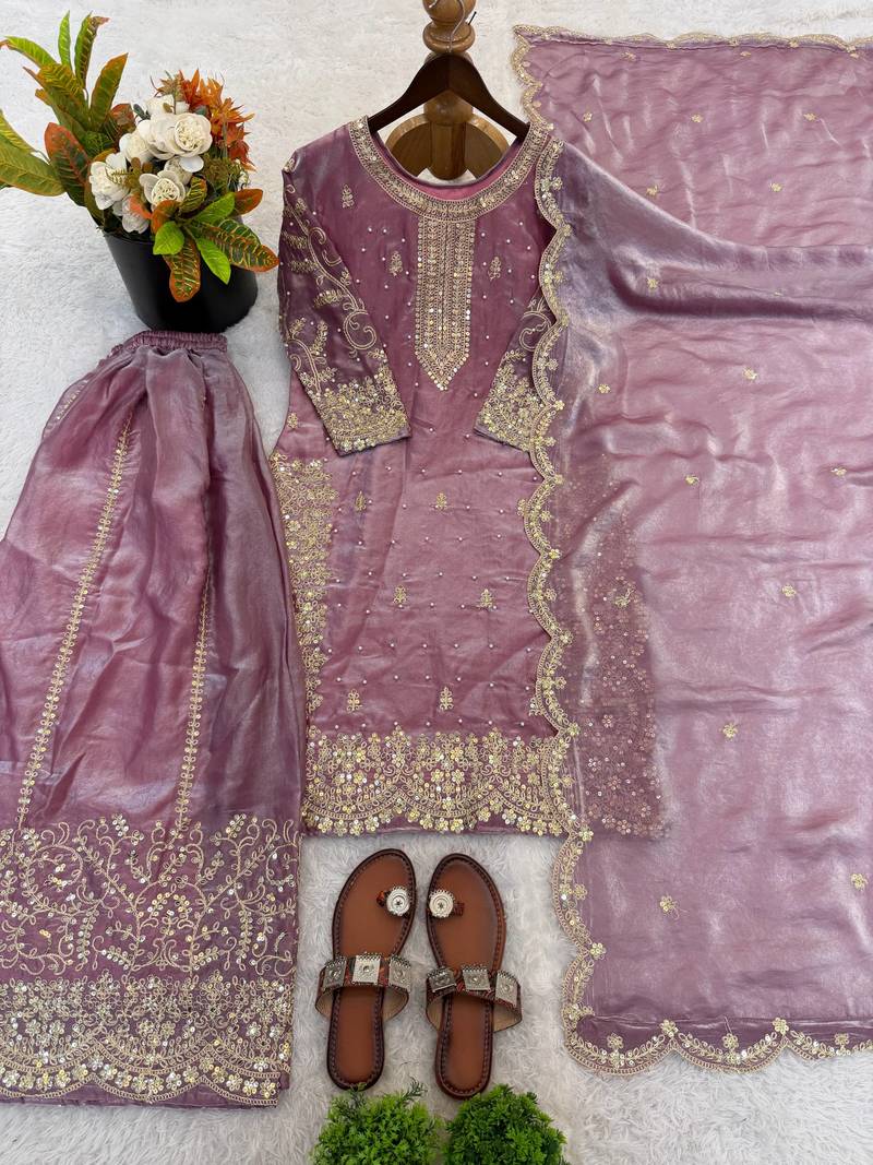 lavender color embroidery coding and sequence work   silk blend   kurta set