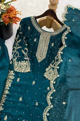 teal color embroidery coding and sequence work   silk blend   kurta set