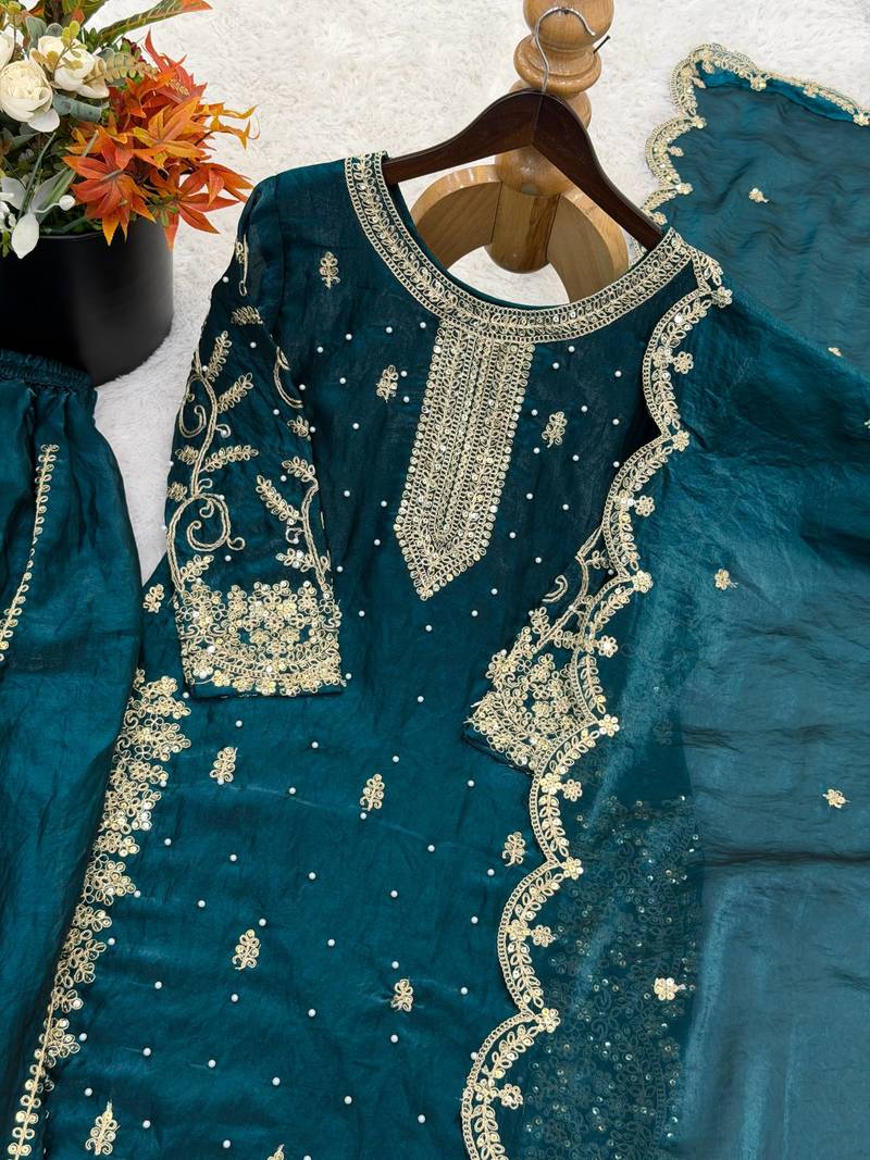 teal color embroidery coding and sequence work   silk blend   kurta set