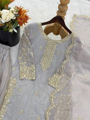grey color embroidery coding and sequence work   silk blend   kurta set 4