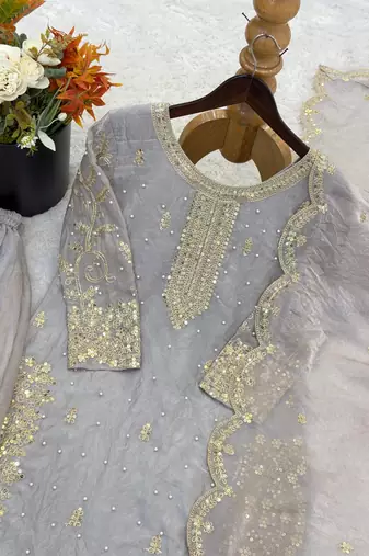 grey color embroidery coding and sequence work   silk blend   kurta set