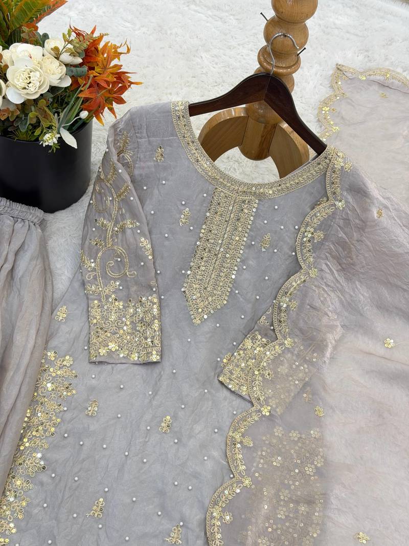 grey color embroidery coding and sequence work   silk blend   kurta set