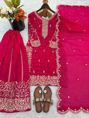 rani pink color embroidery coding and sequence work   silk blend   kurta set 3
