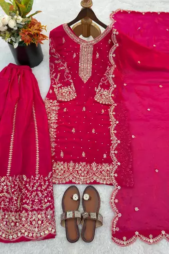 rani pink color embroidery coding and sequence work   silk blend   kurta set
