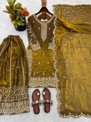 mustard color embroidery coding and sequence work   silk blend   kurta set 3