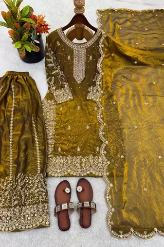 mustard color embroidery coding and sequence work   silk blend   kurta set