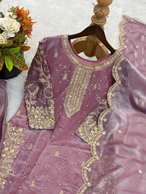 lavender color embroidery coding and sequence work   silk blend   kurta set 4