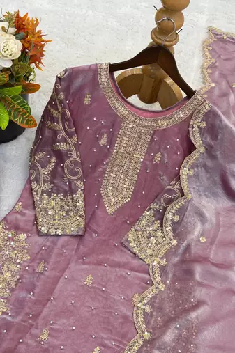 lavender color embroidery coding and sequence work   silk blend   kurta set
