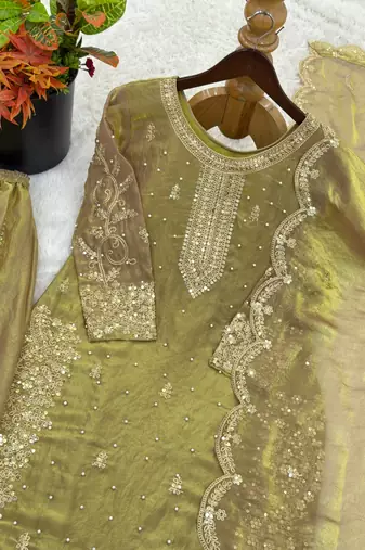 olive color embroidery coding and sequence work   silk blend   kurta set