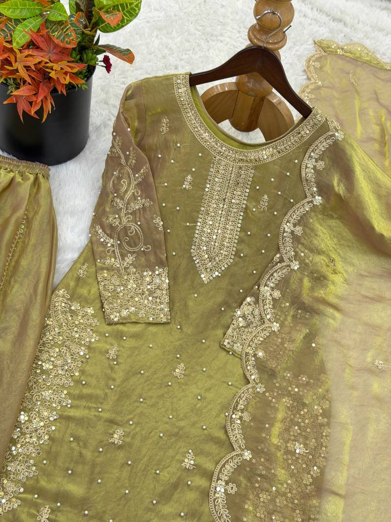 olive color embroidery coding and sequence work   silk blend   kurta set