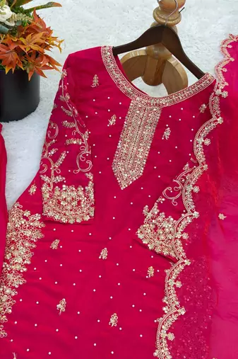 rani pink color embroidery coding and sequence work   silk blend   kurta set