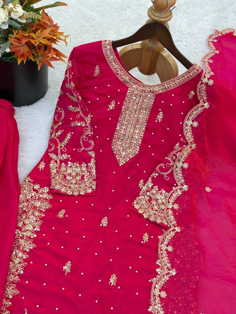 rani pink color embroidery coding and sequence work   silk blend   kurta set