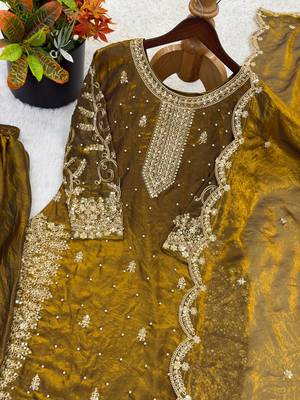 mustard color embroidery coding and sequence work   silk blend   kurta set 4