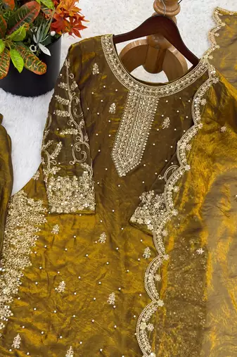 mustard color embroidery coding and sequence work   silk blend   kurta set