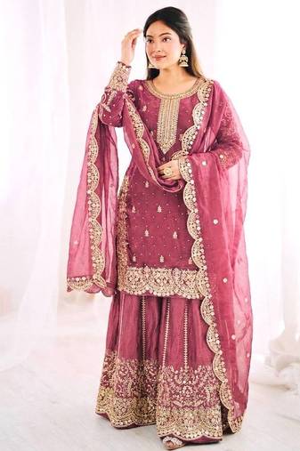 magenta color embroidery coding and sequence work   silk blend   kurta set