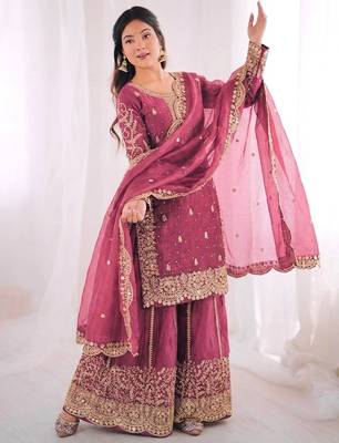 magenta color embroidery coding and sequence work   silk blend   kurta set 2