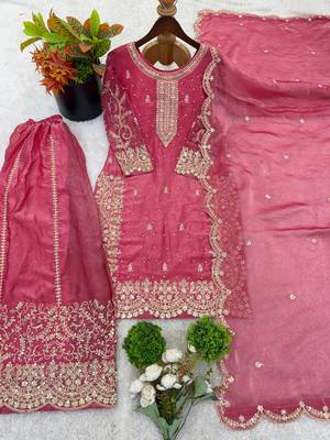 magenta color embroidery coding and sequence work   silk blend   kurta set 3