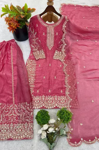 magenta color embroidery coding and sequence work   silk blend   kurta set