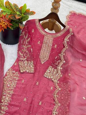 magenta color embroidery coding and sequence work   silk blend   kurta set 4
