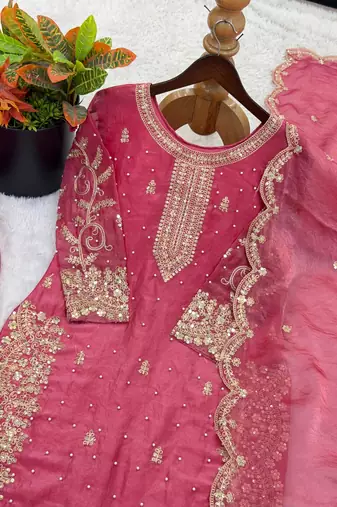 magenta color embroidery coding and sequence work   silk blend   kurta set