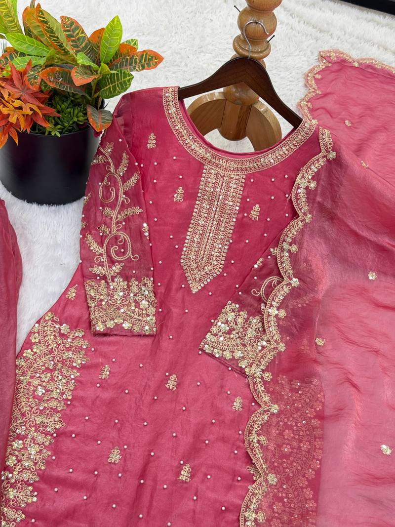 magenta color embroidery coding and sequence work   silk blend   kurta set