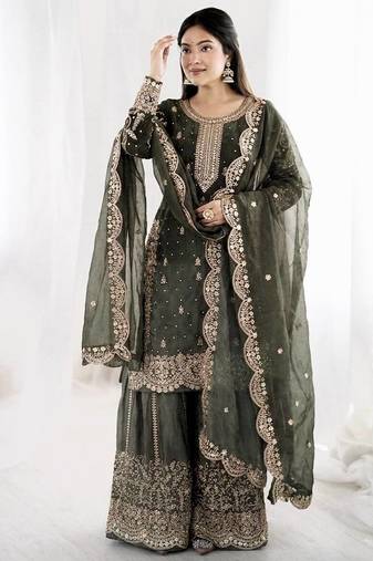 mehendi color embroidery coding and sequence work   silk blend   kurta set