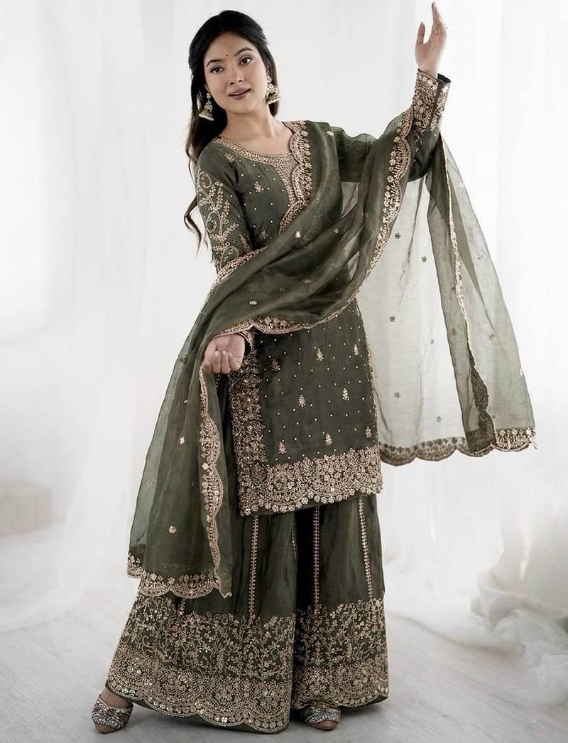 mehendi color embroidery coding and sequence work   silk blend   kurta set