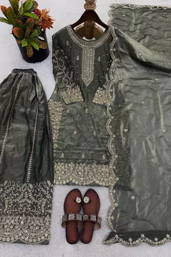 mehendi color embroidery coding and sequence work   silk blend   kurta set