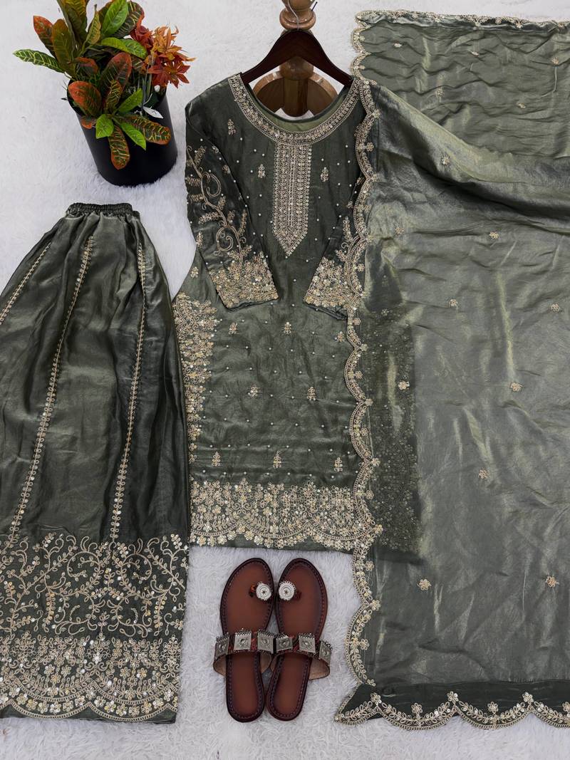 mehendi color embroidery coding and sequence work   silk blend   kurta set
