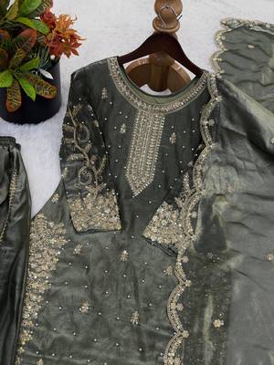 mehendi color embroidery coding and sequence work   silk blend   kurta set 4