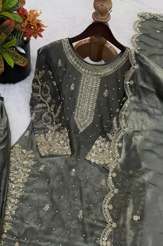 mehendi color embroidery coding and sequence work   silk blend   kurta set