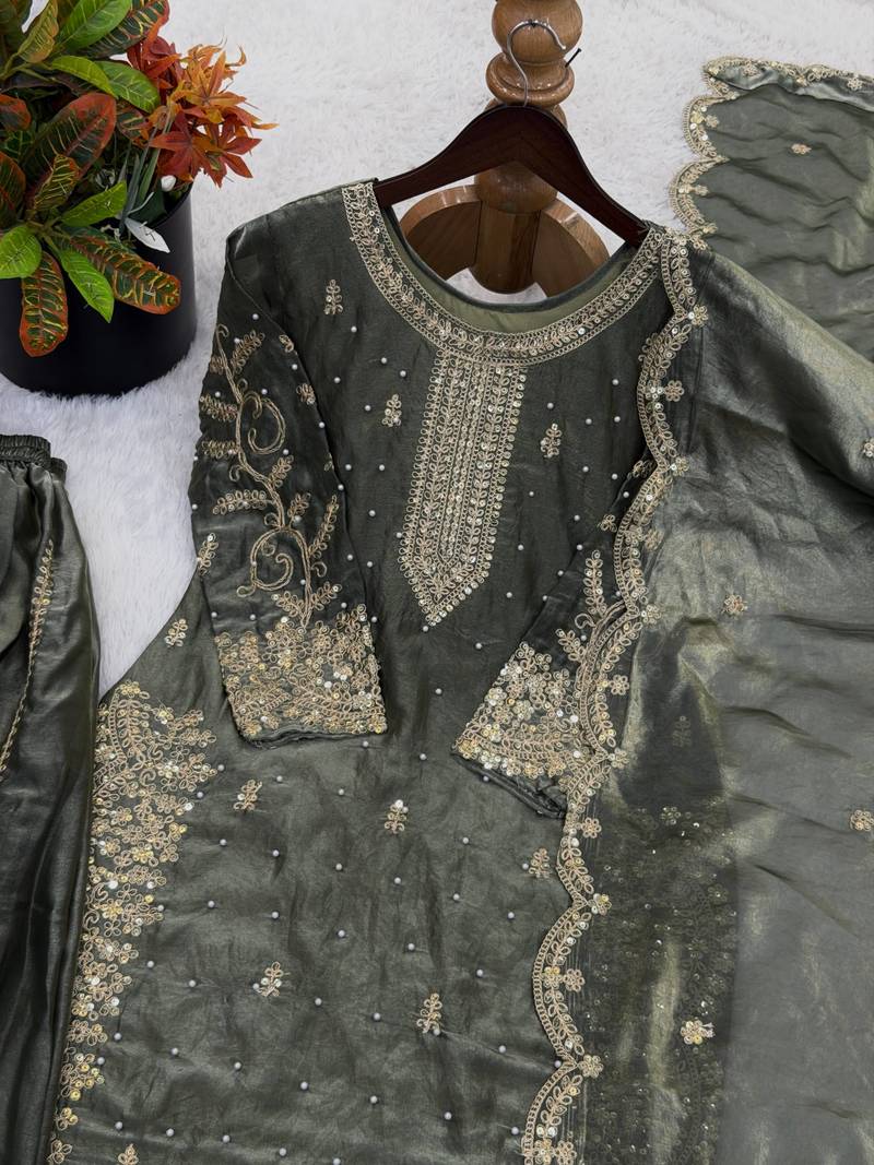 mehendi color embroidery coding and sequence work   silk blend   kurta set