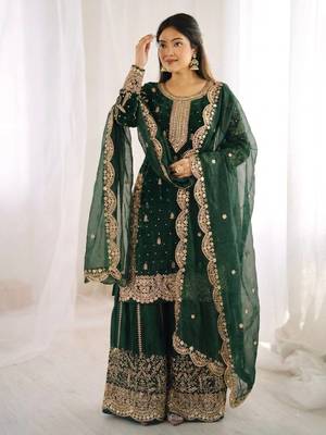 dark green color embroidery coding and sequence work   silk blend   kurta set 1