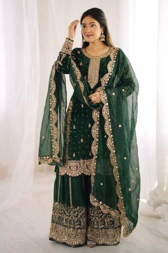dark green embroidery coding and sequence silk blend kurta set