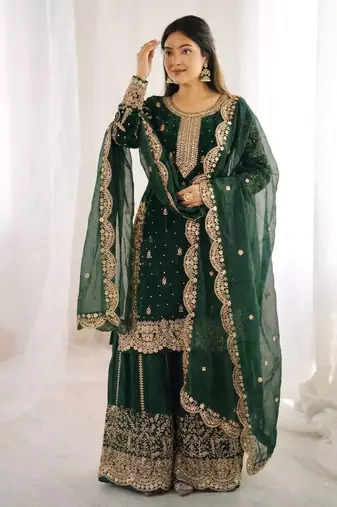 dark green color embroidery coding and sequence work   silk blend   kurta set