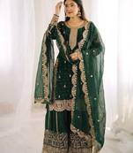 dark green color embroidery coding and sequence work   silk blend   kurta set