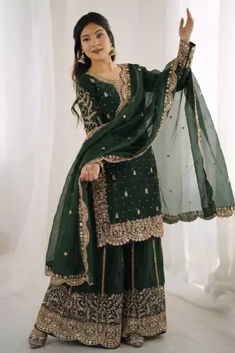dark green color embroidery coding and sequence work   silk blend   kurta set