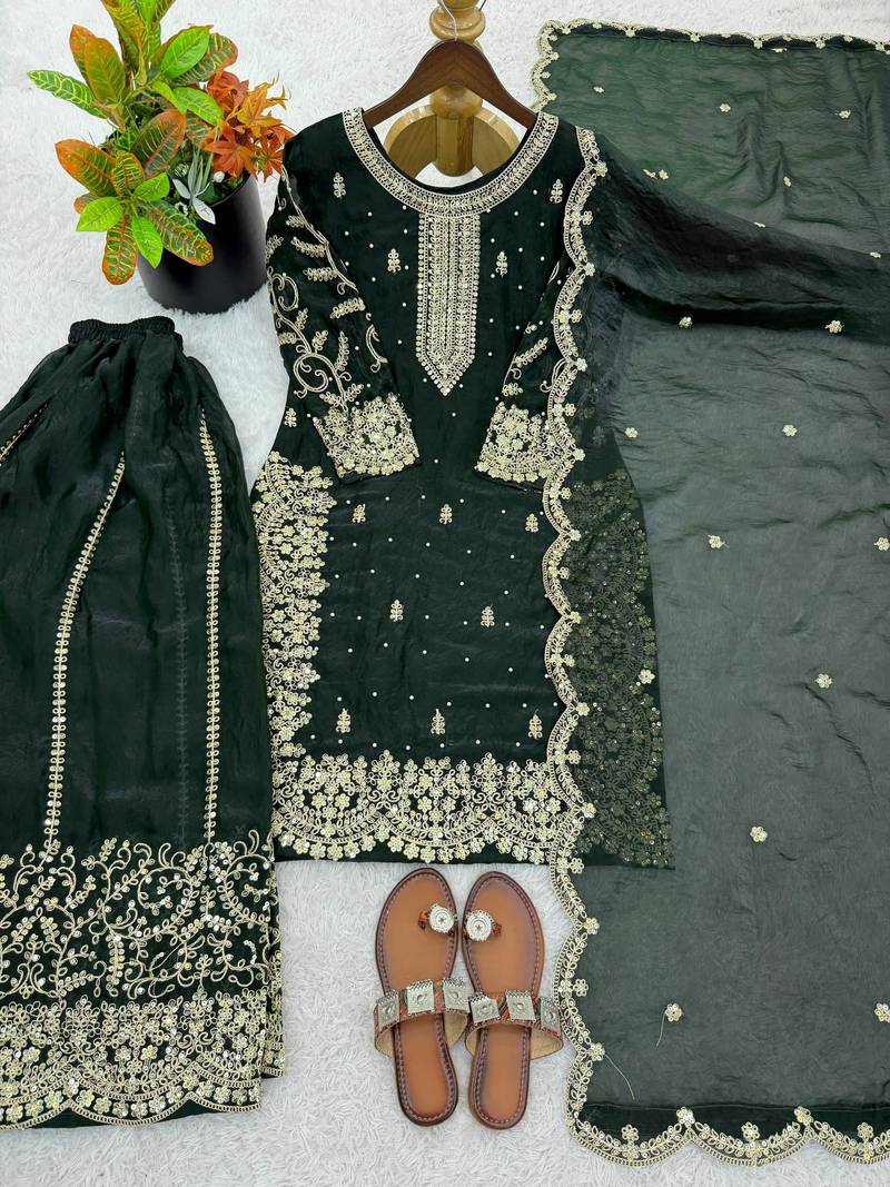 dark green color embroidery coding and sequence work   silk blend   kurta set