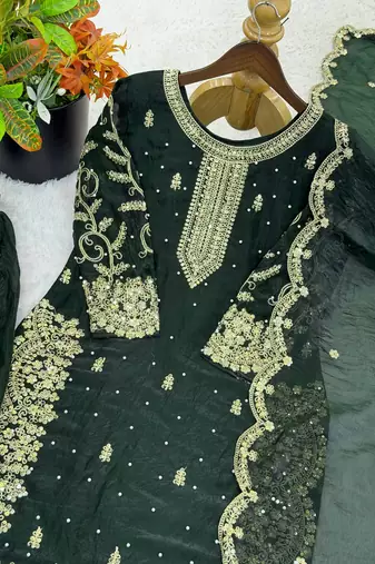 dark green color embroidery coding and sequence work   silk blend   kurta set