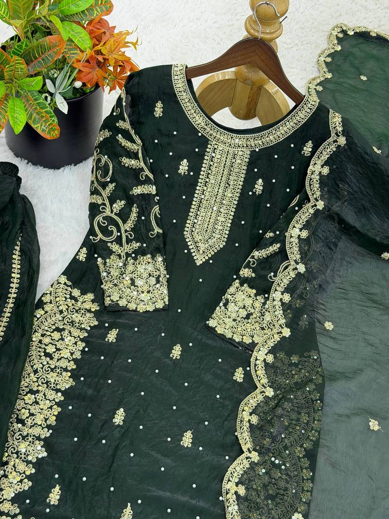 dark green color embroidery coding and sequence work   silk blend   kurta set