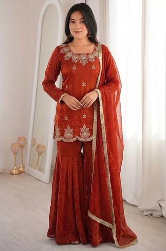 orange color embroidery sequence work with zarkan diamond work   silk blend   kurta set