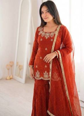 orange color embroidery sequence work with zarkan diamond work   silk blend   kurta set 2