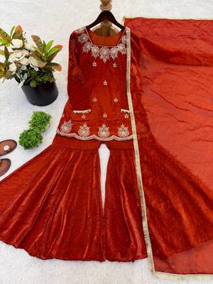 orange color embroidery sequence work with zarkan diamond work   silk blend   kurta set 3