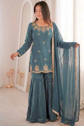 sea green embroidery sequence with zarkan diamond silk blend kurta set