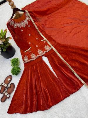 orange color embroidery sequence work with zarkan diamond work   silk blend   kurta set 4