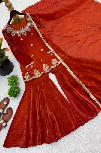 orange color embroidery sequence work with zarkan diamond work   silk blend   kurta set