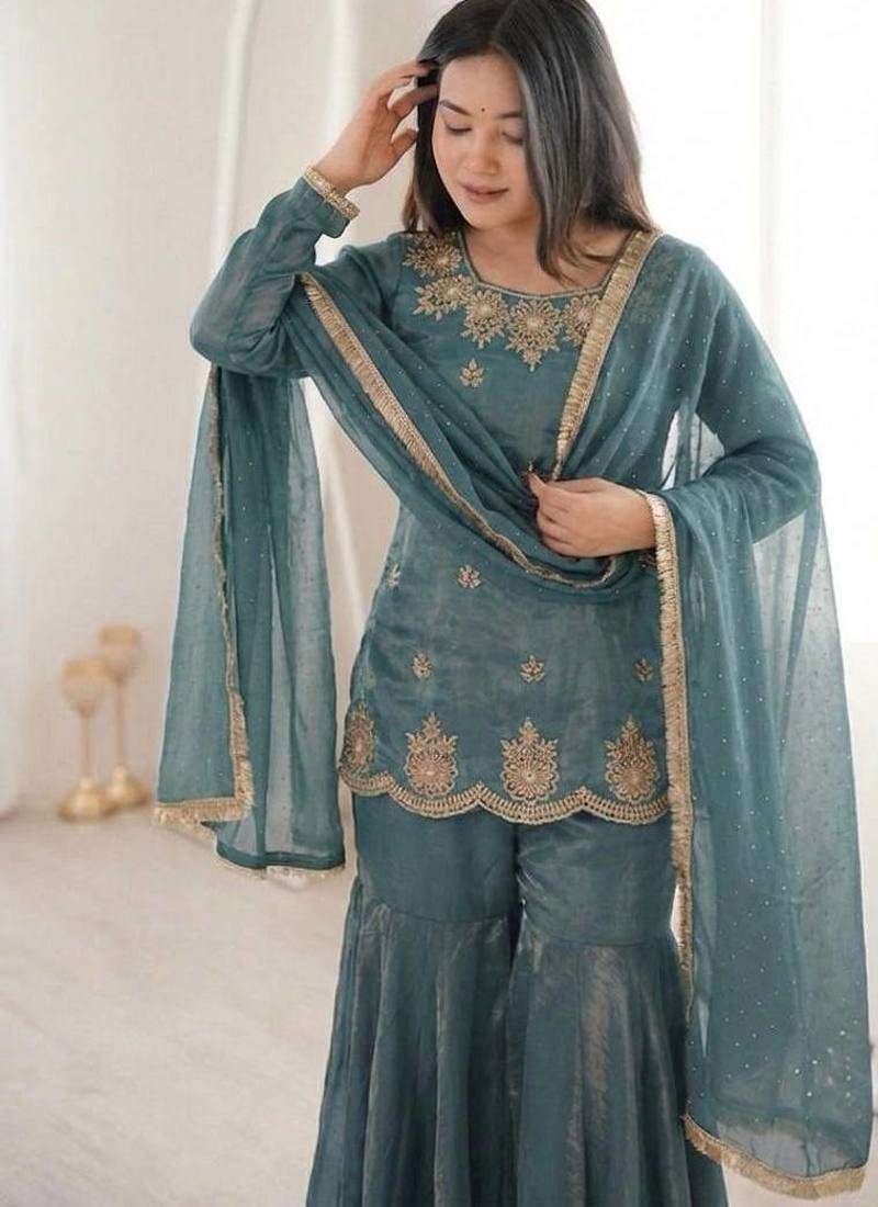 sea green color embroidery sequence work with zarkan diamond work   silk blend   kurta set