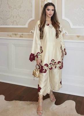 off white color embroidery sequence and multi work roman glass silk blend   kurta set 1
