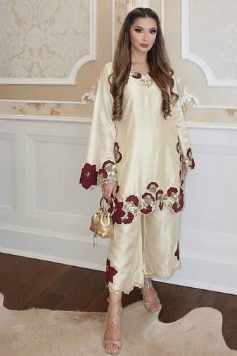 off white color embroidery sequence and multi work roman glass silk blend   kurta set